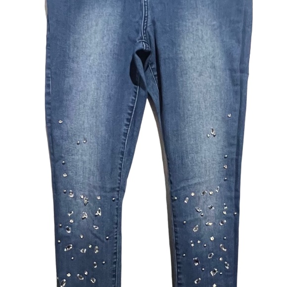 Juniors Rhinestone Jeans Womens 15 Blue Slim Fit Tapered Glam Denim - Picture 10 of 11